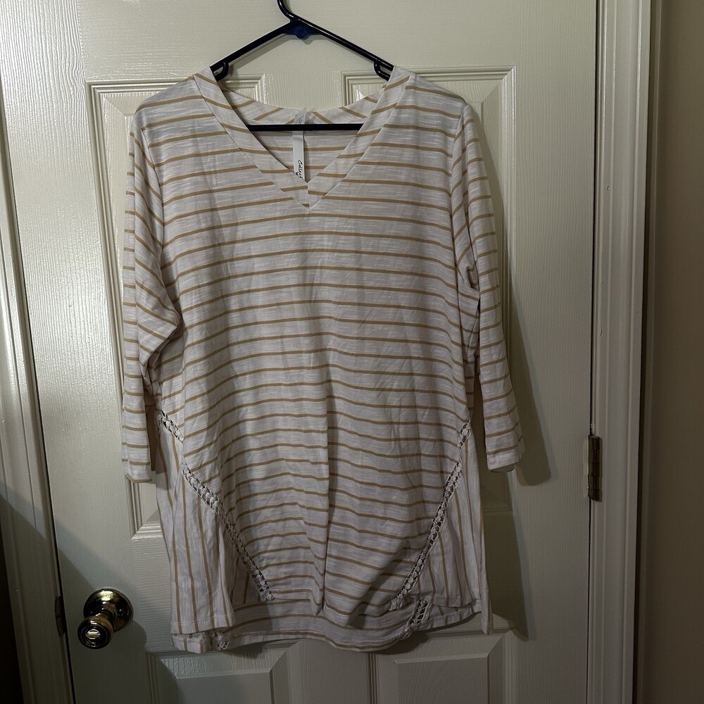 NY Collection Women’s Cream and Tan Tunic Quarter Sleeves Crochet Detail 2X